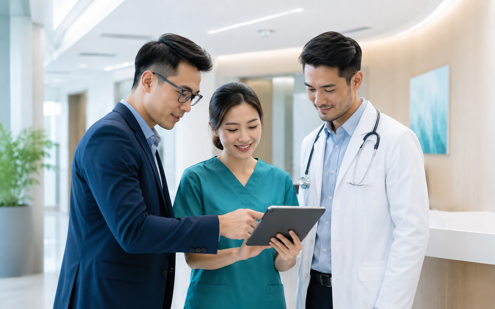 Healthcare and technology professionals collaborating in a modern clinical environment