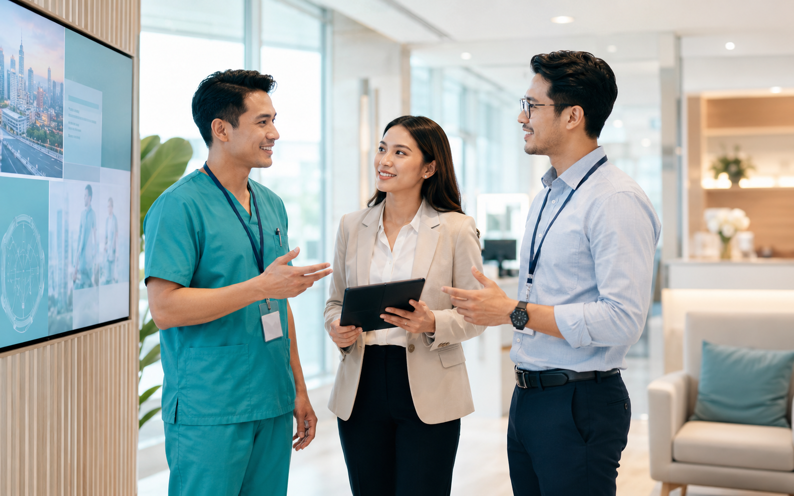 Healthcare professionals collaborating on digital health in a modern clinical setting