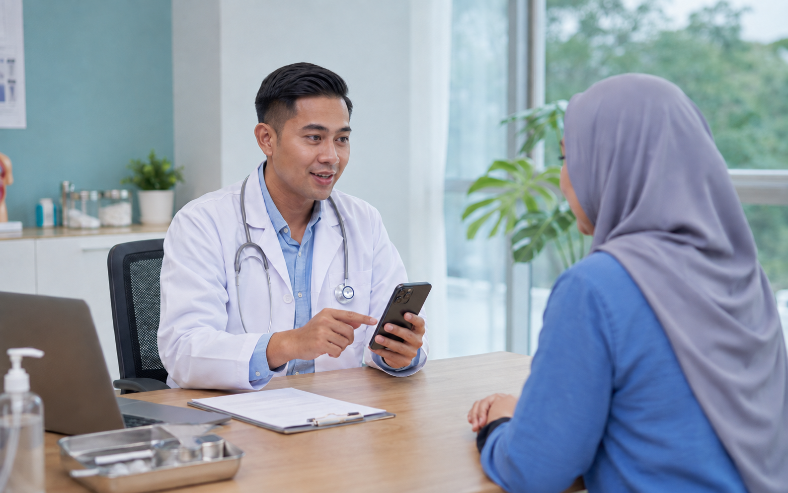 Doctor demonstrating a smartphone-based clinical workflow to a patient