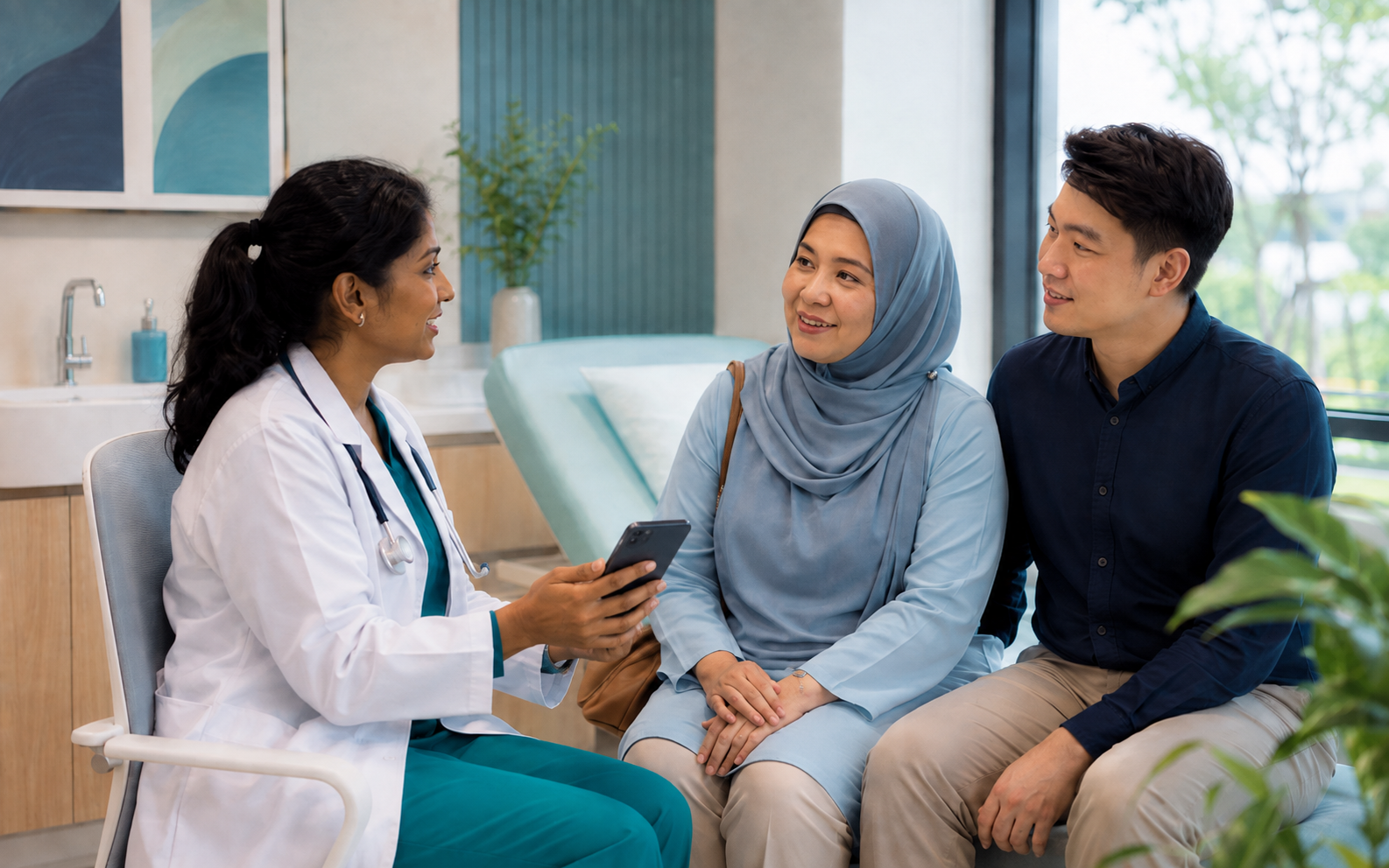 Multilingual Malaysian clinic consultation involving a doctor, patient and family member using a smartphone