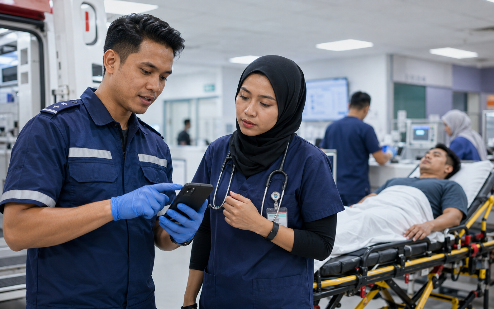 Paramedic and hospital clinician reviewing patient information on a smartphone during emergency handover