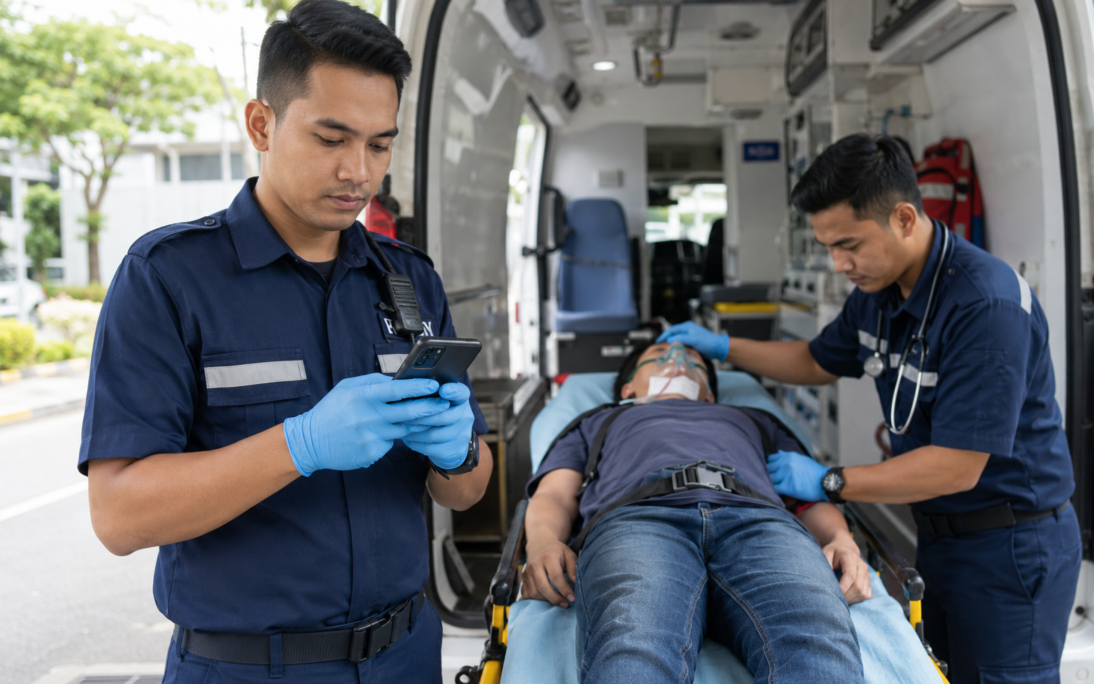 Paramedic using a smartphone for mobile documentation beside an ambulance while a colleague attends to a patient